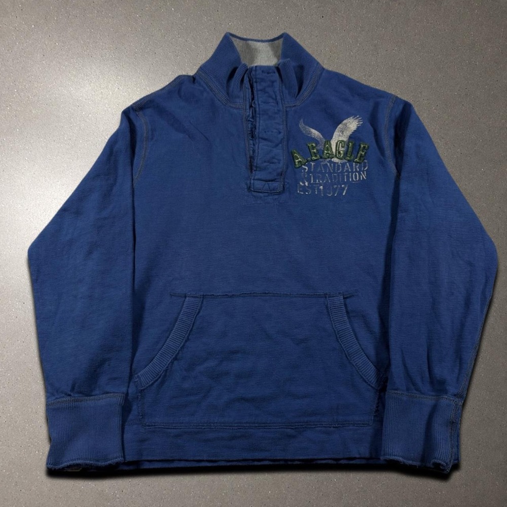 American Eagle Pullover Sweater Mens XL Blue Good Y2K Indie Button Up Mock Neck
